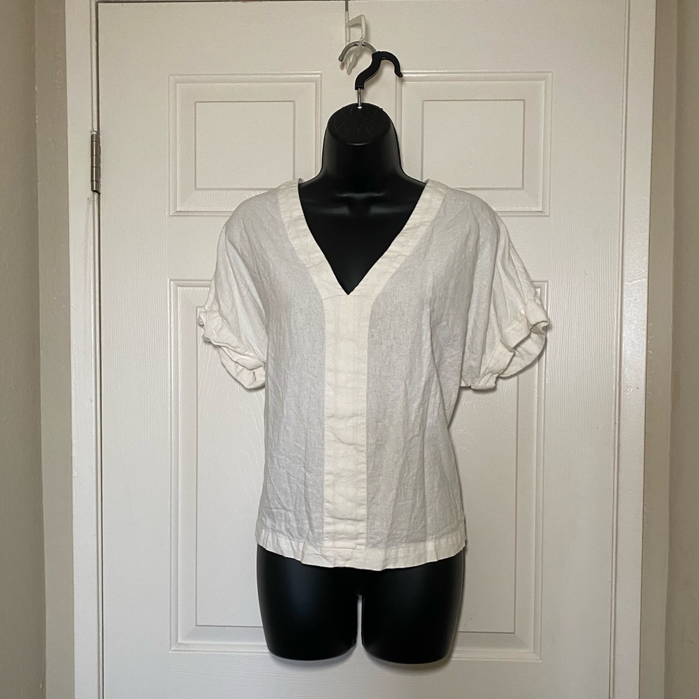 White Relaxed Short Sleeve V-Neck Boxy Top Blouse Universal Thread L Ivory